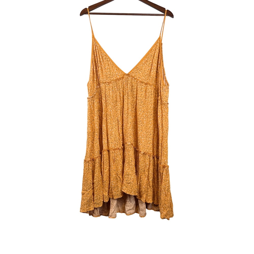 Womens Mini Babydoll Ditsy Floral Tiered Dress 2X Yellow Boho Western Flowy